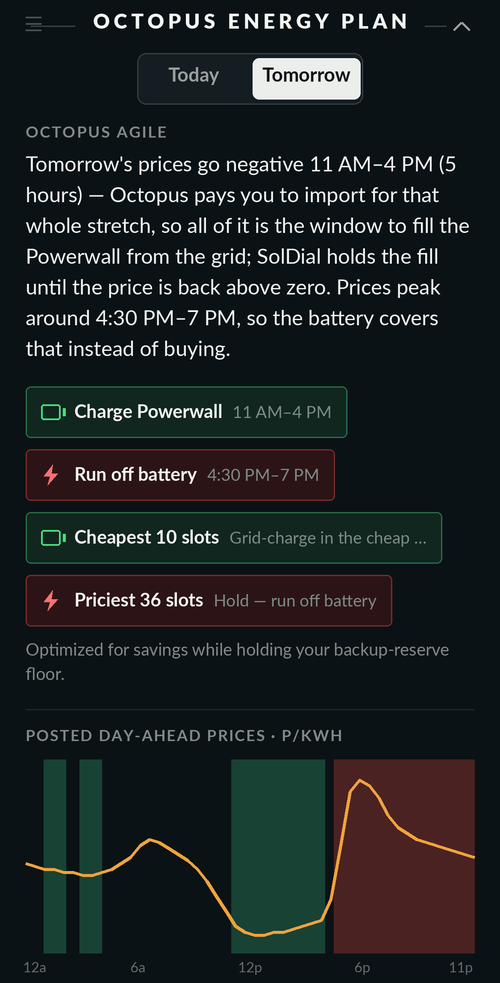 SolDial's Octopus Agile day-ahead plan: the negative-price window marked as the charge window and the evening peak covered by the battery