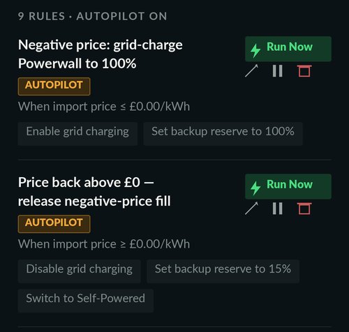 Two Octopus Agile automations in SolDial: grid-charge the Powerwall when the import price goes below zero, and release the fill when it climbs back above zero