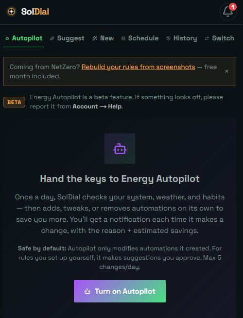 The Autopilot card: current plan summary and scheduled automations