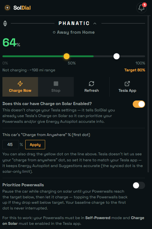 The Charge on Solar section: surplus solar charging settings for your car