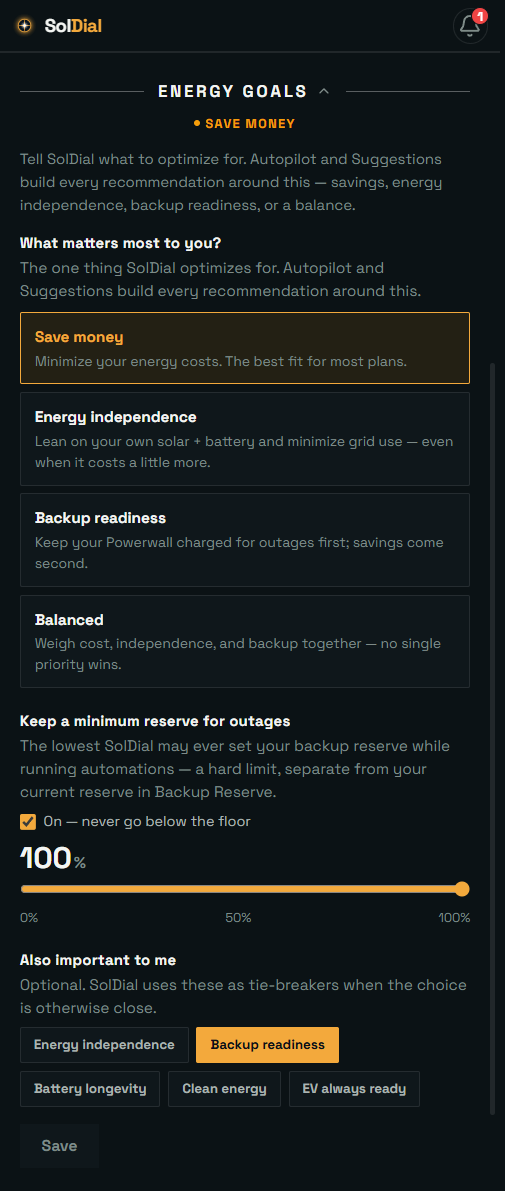 The Energy Goals section: goal picker and its effect on recommendations
