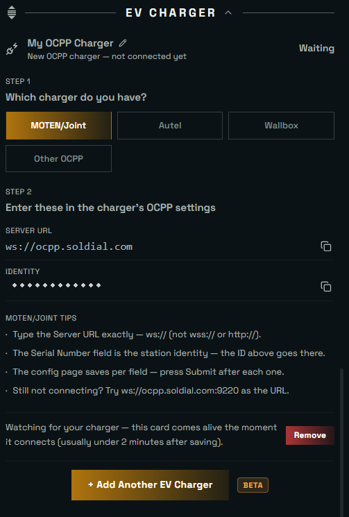 The EV Charger card: OCPP setup steps with server URL and identity fields