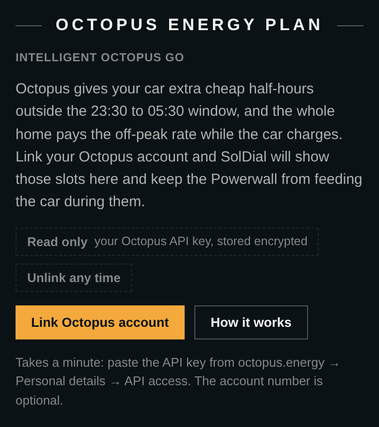 The Octopus Energy Plan section on the SolDial dashboard before linking: a short explanation of smart-charge slots, a Link Octopus account button and a How it works link
