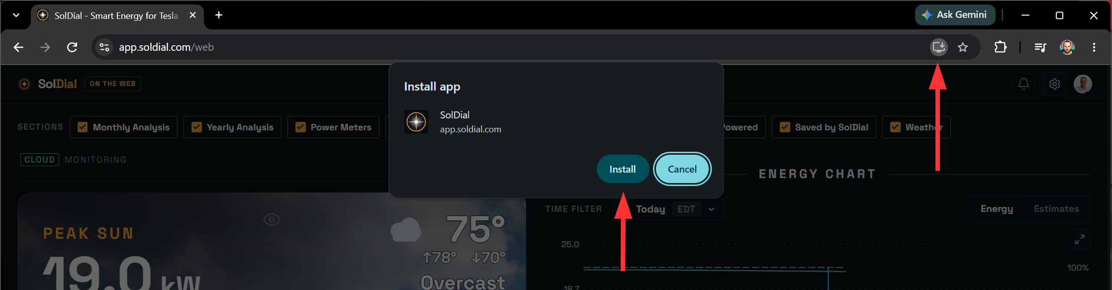 Chrome's install prompt for SolDial, showing the install icon in the address bar and the Install app dialog